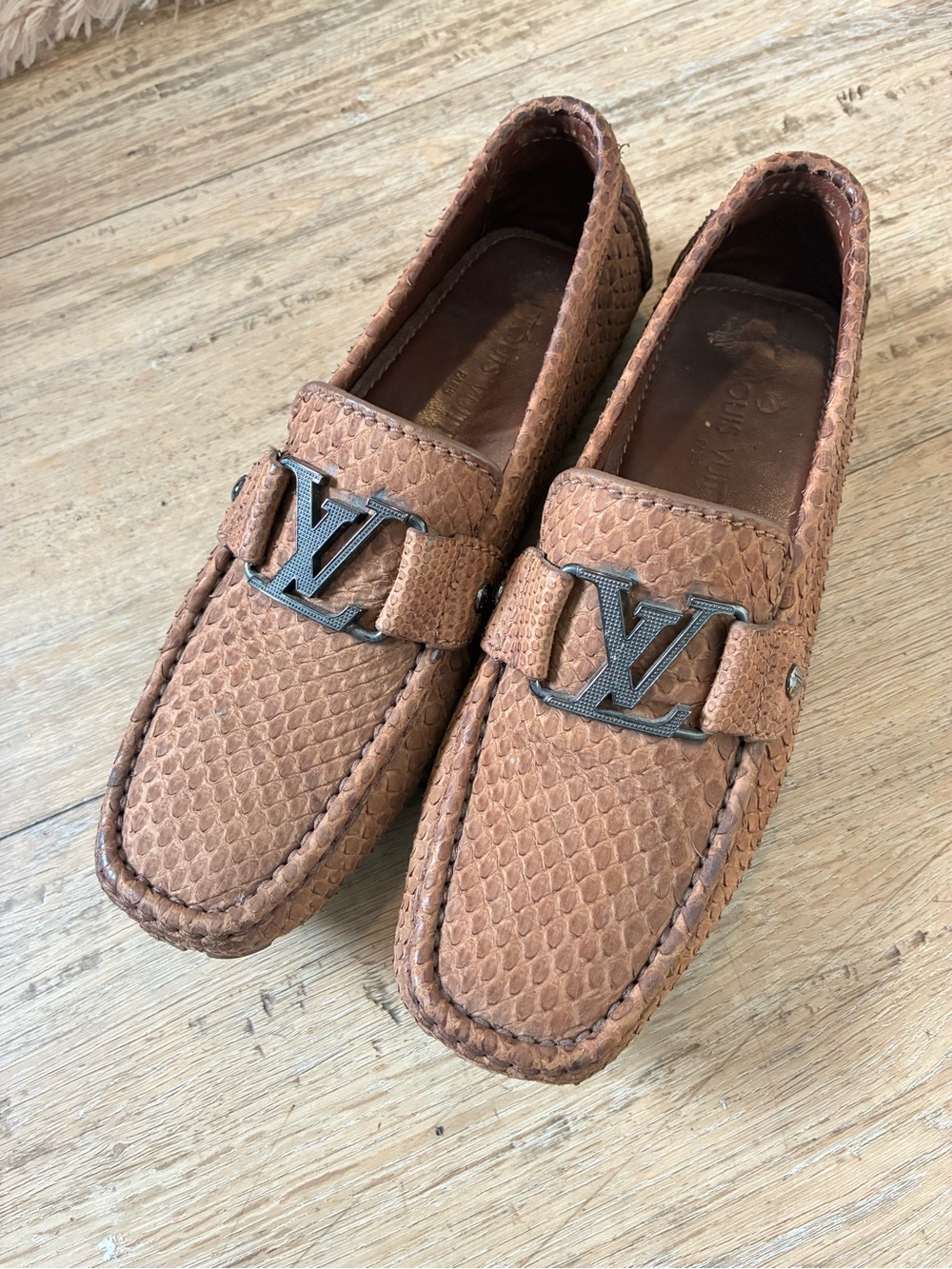 Louis Vuitton Brown Snake-Embossed Leather Loafers with LV Buckle